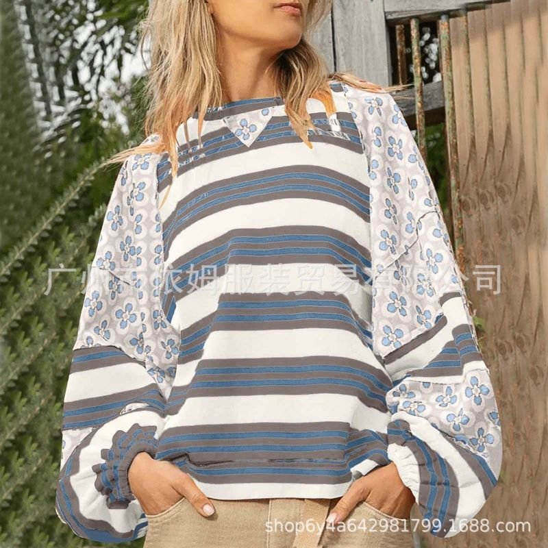 Autumn Winter Women Fashion Stripe Floral Printed Loose Round Neck Long Sleeve Sweatshirt