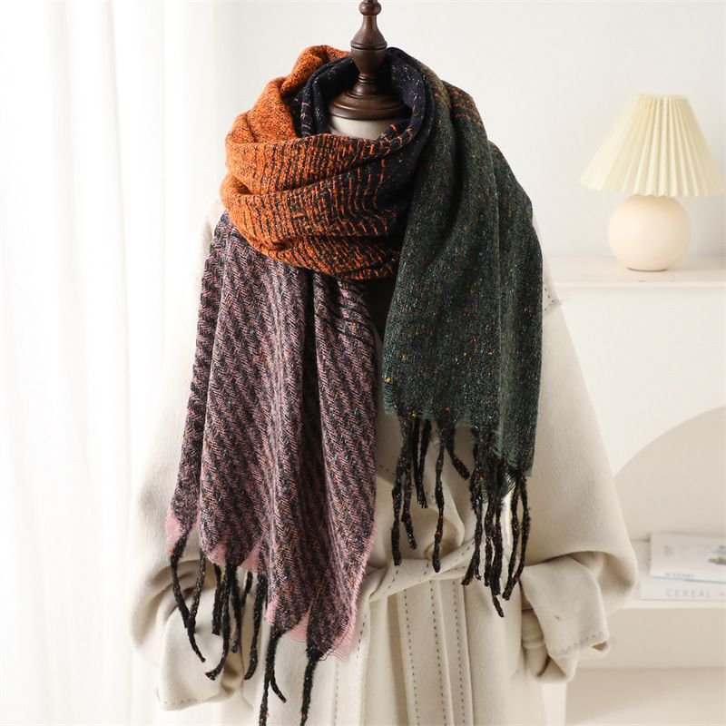 Autumn Winter Women Fashion Geometric Gradient Imitation Cashmere Warm Tassel Shawl Scarf