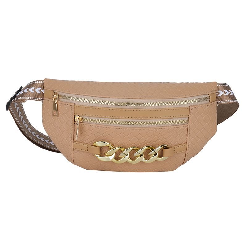 Women Fashion Double-Layer Zipper Metal Chain Decoration Wide Shoulder Strap Chest Bag