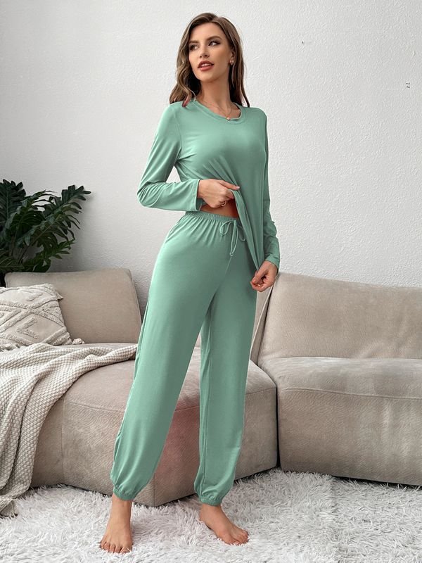 Women Casual Solid Color Long Sleeve Top And Pants Pajamas Two-Piece Set