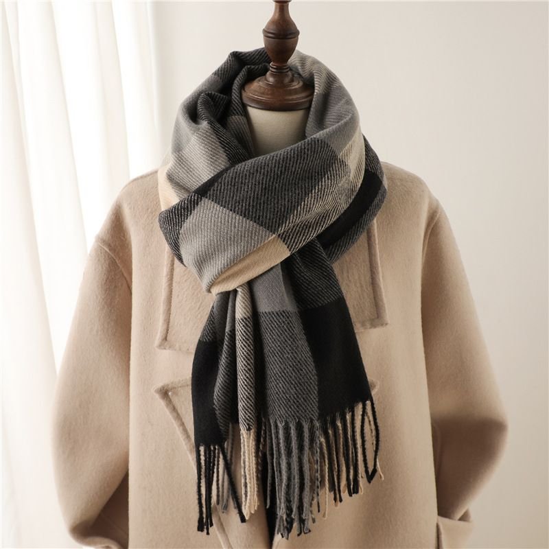 Autumn Winter Women Fashion Thickened Warm Plaid Tassel Scarf