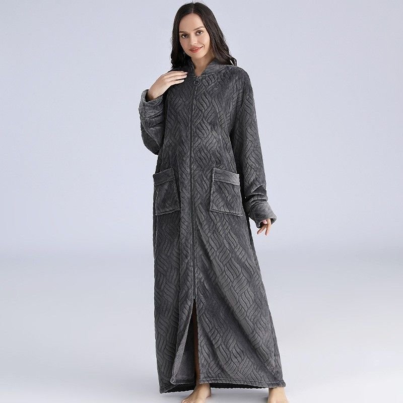 Couples Winter Fashion Casual Home Solid Color Stripe Flannel V Neck Zipper Long Sleeve Robes Sleepwear