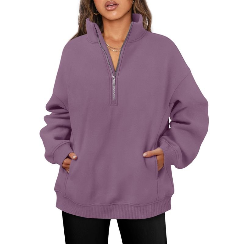 Women Fashionable Solid Color Thickened Long Sleeve Sweatshirt With Half Zip Collar