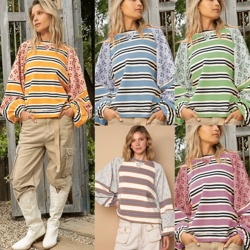 Autumn Winter Women Fashion Stripe Floral Printed Loose Round Neck Long Sleeve Sweatshirt