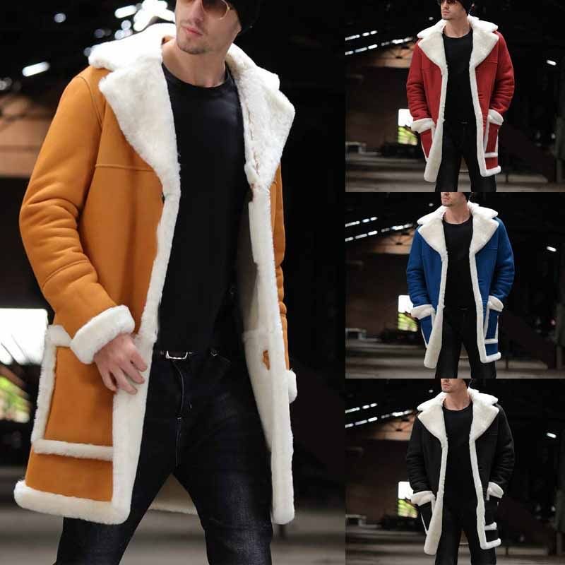 Men Fashion Casual Autumn Winter Plush Suede Thickened Plus Size Long Sleeve Lapel Coat