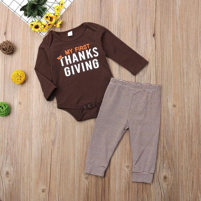 Kids Baby Boys Girls Casual Cute Thanksgiving Alphabet Print Long Sleeve Romper Trousers Sets