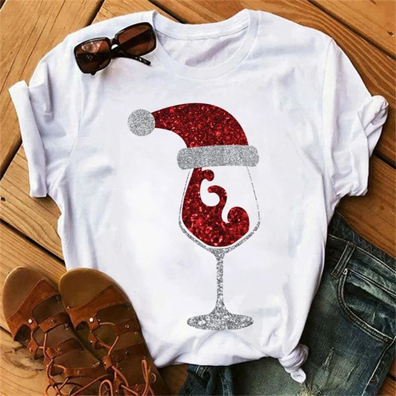 Summer Women Fashion Cartoon Christmas Wine Cup Christmas Hat Printed Round Neck Short Sleeve T-Shirt