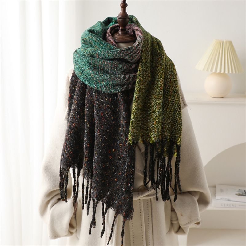 Autumn Winter Women Fashion Geometric Gradient Imitation Cashmere Warm Tassel Shawl Scarf