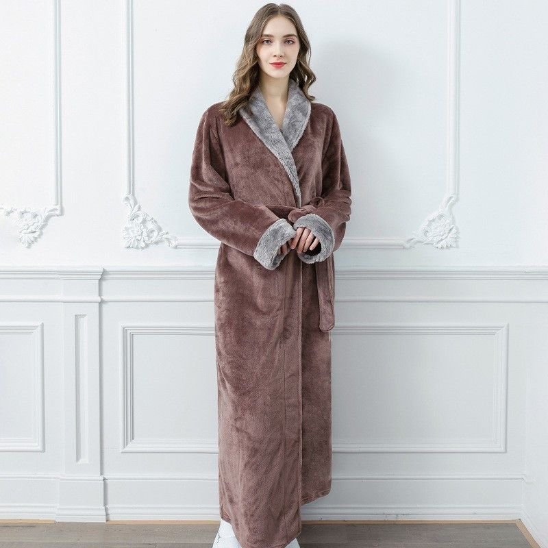 Couples Winter Fashion Casual Home Solid Color Flannel Lapel Long Sleeve Robes Sleepwear