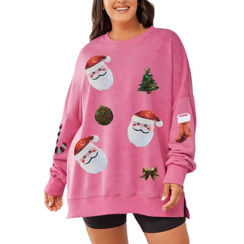 Women Fashion Christmas Tree Santa Claus Sequin Round Neck Long Sleeve Sweatshirt