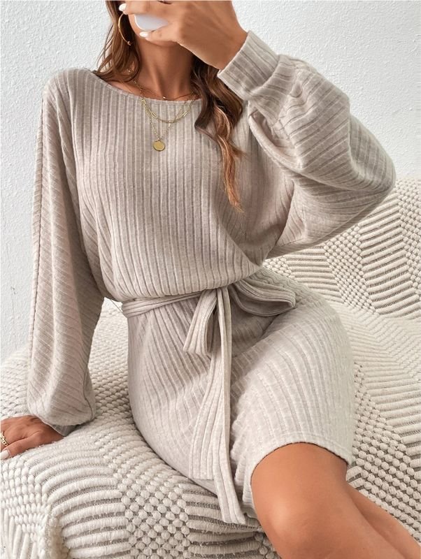 Autumn Winter Women Fashion Long Sleeve Pit Strip Knitted Dress