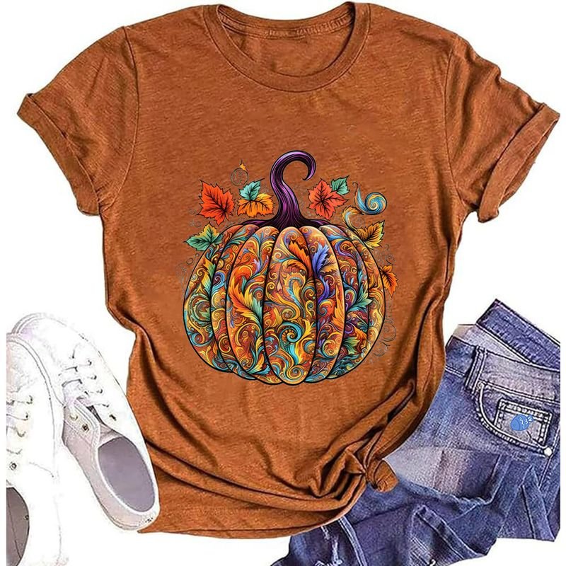 Women Thanksgiving Pumpkin Printed Colored Cotton T-Shirt