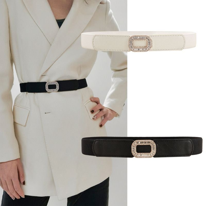 Women Fashion Elastic Elastic Belt With Oval Diamond Studded Buckle