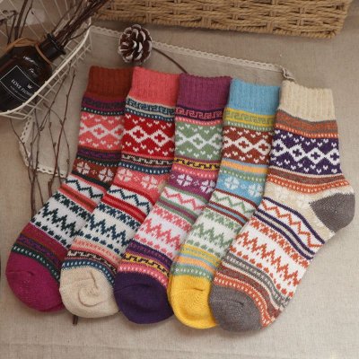 Neutral Simple Folk Wind Warm Thick Geometric Knitted Socks 5 Pairs-Bag