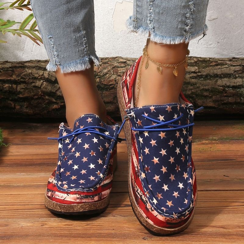 Summer Women Casual Plus Size American Independence Day Star Print Slip-On Shoes