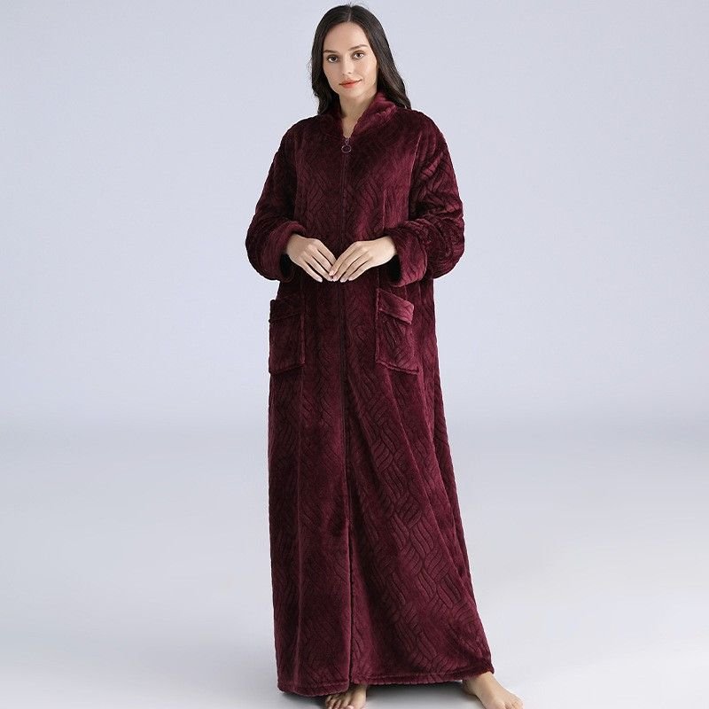 Couples Winter Fashion Casual Home Solid Color Stripe Flannel V Neck Zipper Long Sleeve Robes Sleepwear