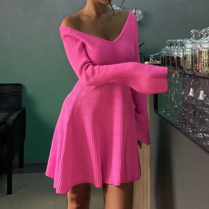 Autumn Winter Women Fashion Sexy Off Shoulder V-Neck Long Sleeve Knitted Dress