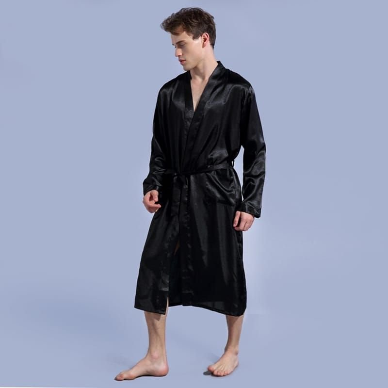 S-2XL Men Fashion Plus Size Solid Color Long Sleeve Cardigan Nightgown