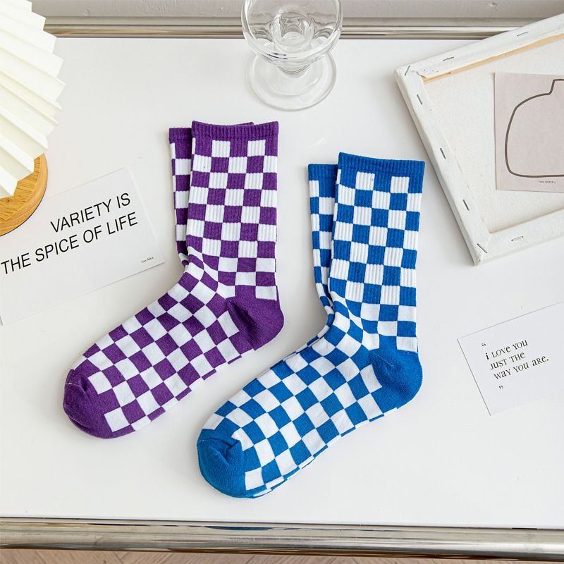 Women Simple Multicolor Checkerboard Socks