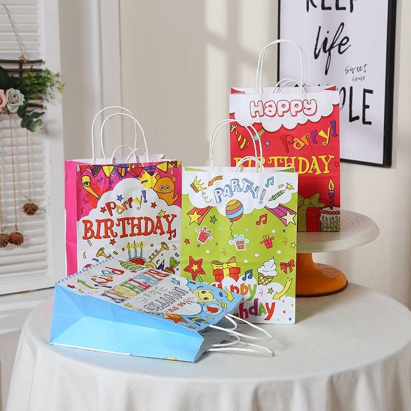 Fashion Happy Birthday Creative Cartoon Pattern Kraft Paper Handle Package Storage Bag