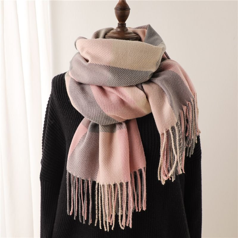 Autumn Winter Women Fashion Thickened Warm Plaid Tassel Scarf