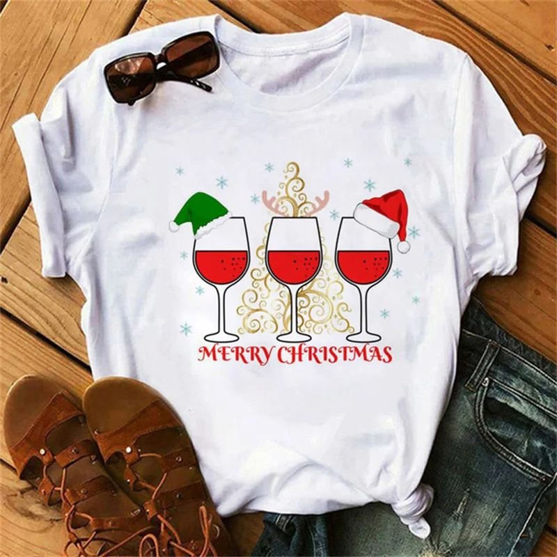 Summer Women Fashion Cartoon Christmas Wine Cup Christmas Hat Printed Round Neck Short Sleeve T-Shirt