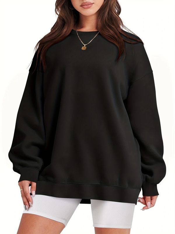 Women Athleisure Fashion Solid Color Loose Round Neck Long Sleeve Sweatshirt