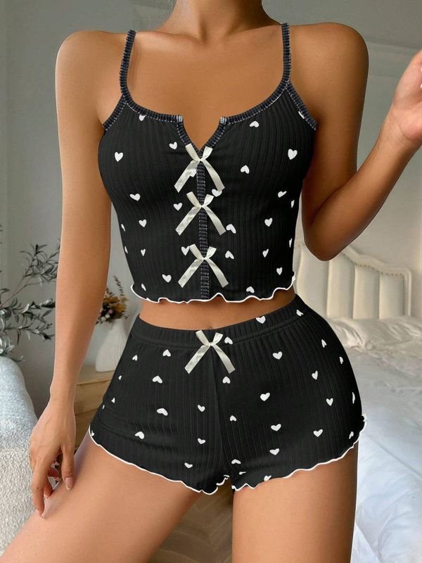 Women Fashion Heart Print Pajamas Two-Piece Set