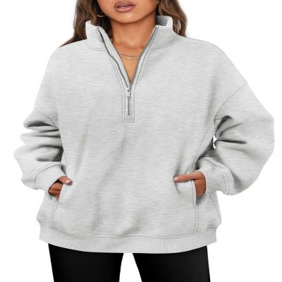 Women Fashionable Solid Color Thickened Long Sleeve Sweatshirt With Half Zip Collar