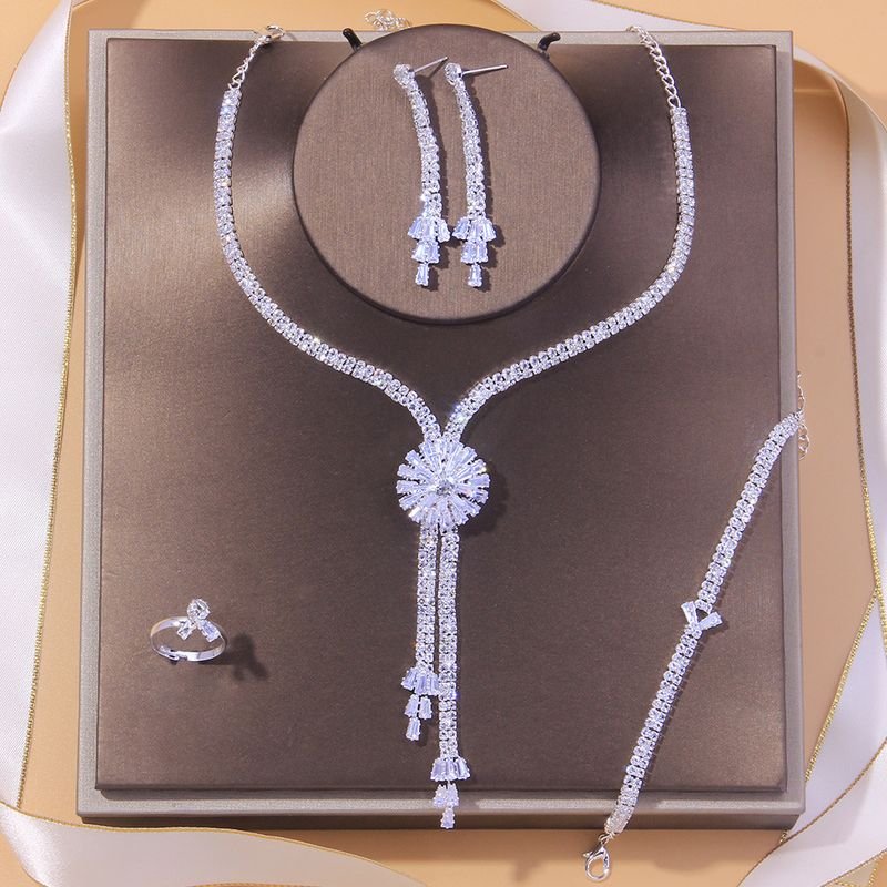 Women Fashion Simple Floral Zircon Necklace Earrings Bracelet Ring Jewelry Set