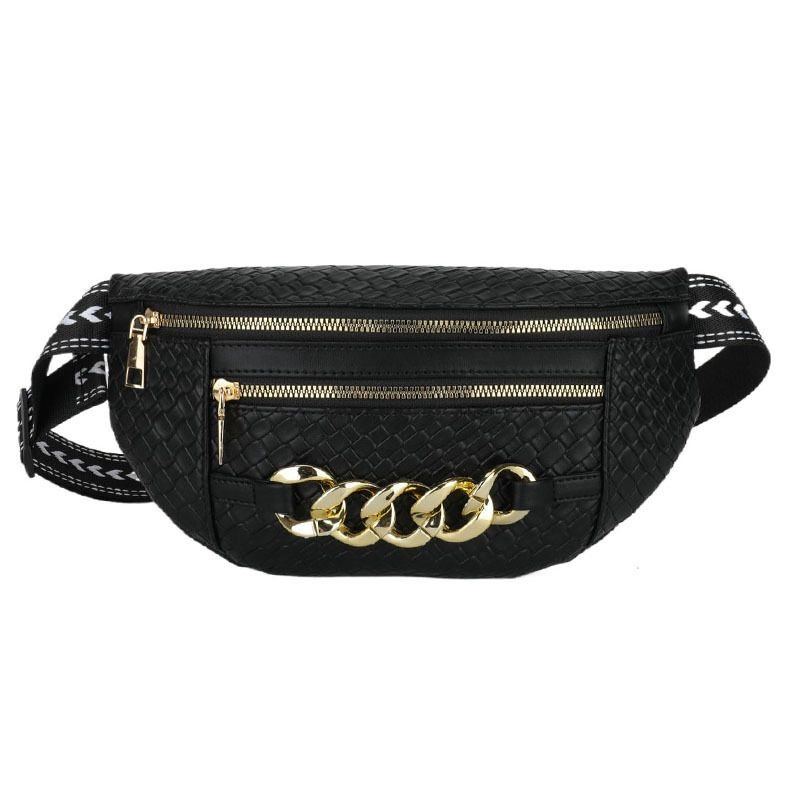 Women Fashion Double-Layer Zipper Metal Chain Decoration Wide Shoulder Strap Chest Bag