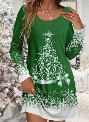 Women Fashion Christmas Tree Snowflake Print Round Neck Long Sleeve Dress