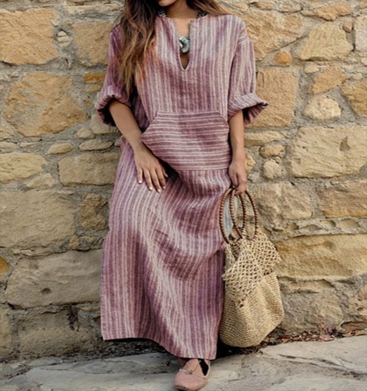 Women Fashion Casual Cotton Linen Yarn-Dyed Striped Loose Maxi Dress