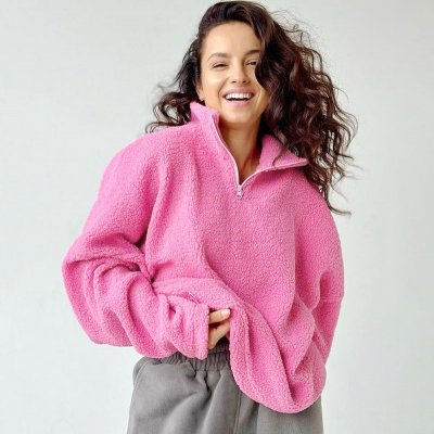 Women Fashion Winter Plush Pink Loose Stand Collar Sweatshirt