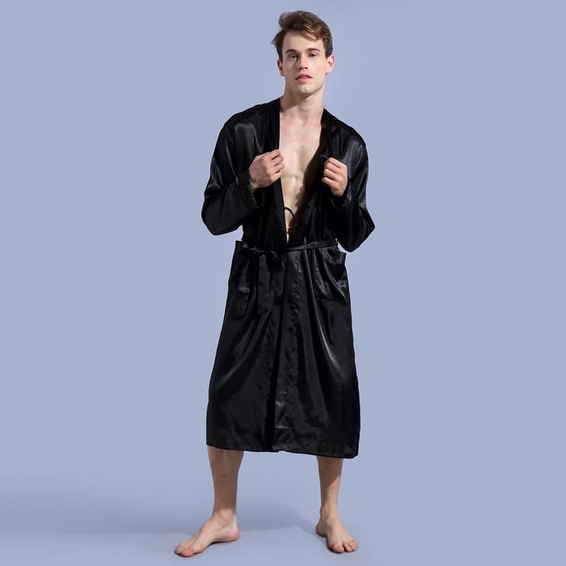 S-2XL Men Fashion Plus Size Solid Color Long Sleeve Cardigan Nightgown