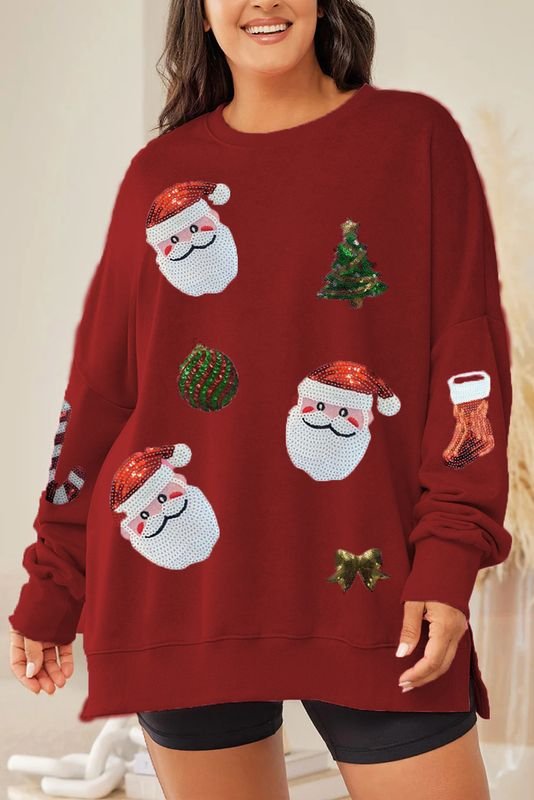 Women Fashion Christmas Tree Santa Claus Sequin Round Neck Long Sleeve Sweatshirt