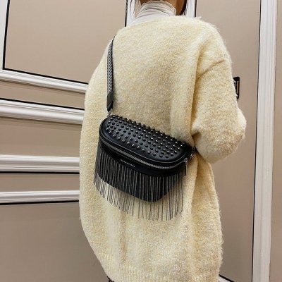 Women Creative Tassel Decoration Rivet Design Solid Color Waist Chest Bag