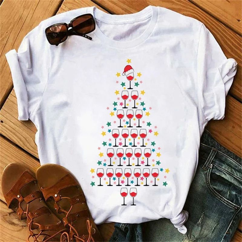 Summer Women Fashion Cartoon Christmas Wine Cup Christmas Hat Printed Round Neck Short Sleeve T-Shirt