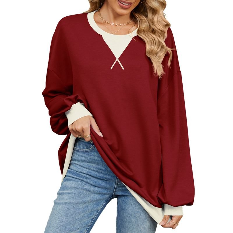 Women Fashion Simple Color Block Crewneck Long Sleeve Sweatshirt