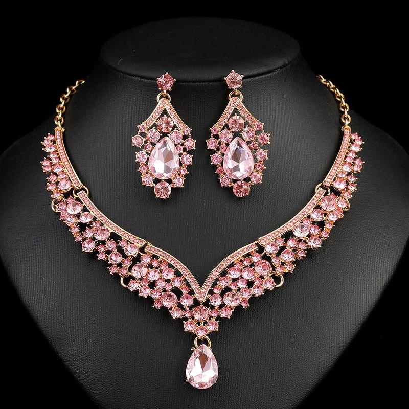 Women Fashion Retro Exaggerated Rhinestone Necklace Earrings Jewelry Set