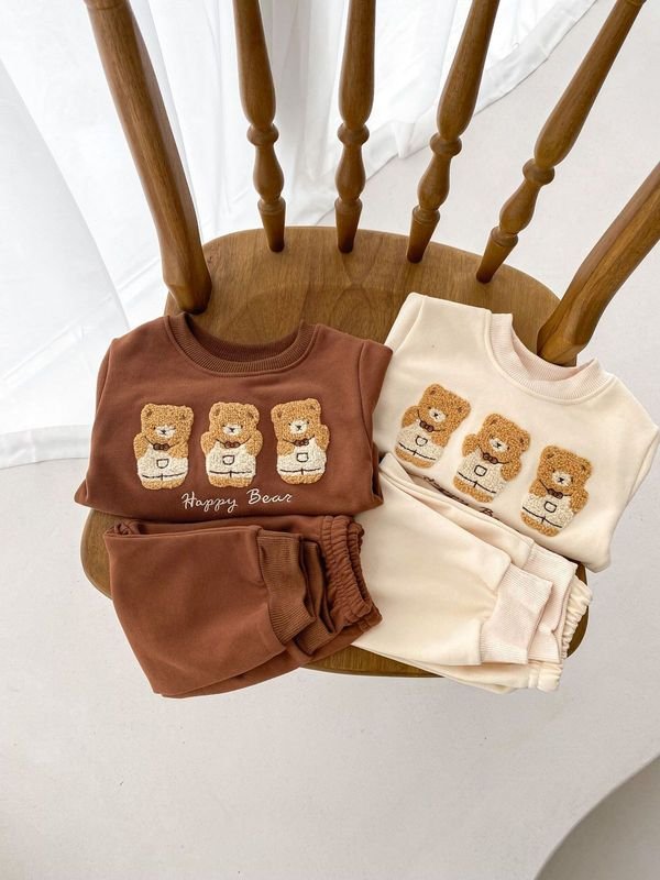 Kids Baby Boys Girls Casual Cute Cartoon Bear Alphabet Long Sleeve Sweatshirts Pants Sets