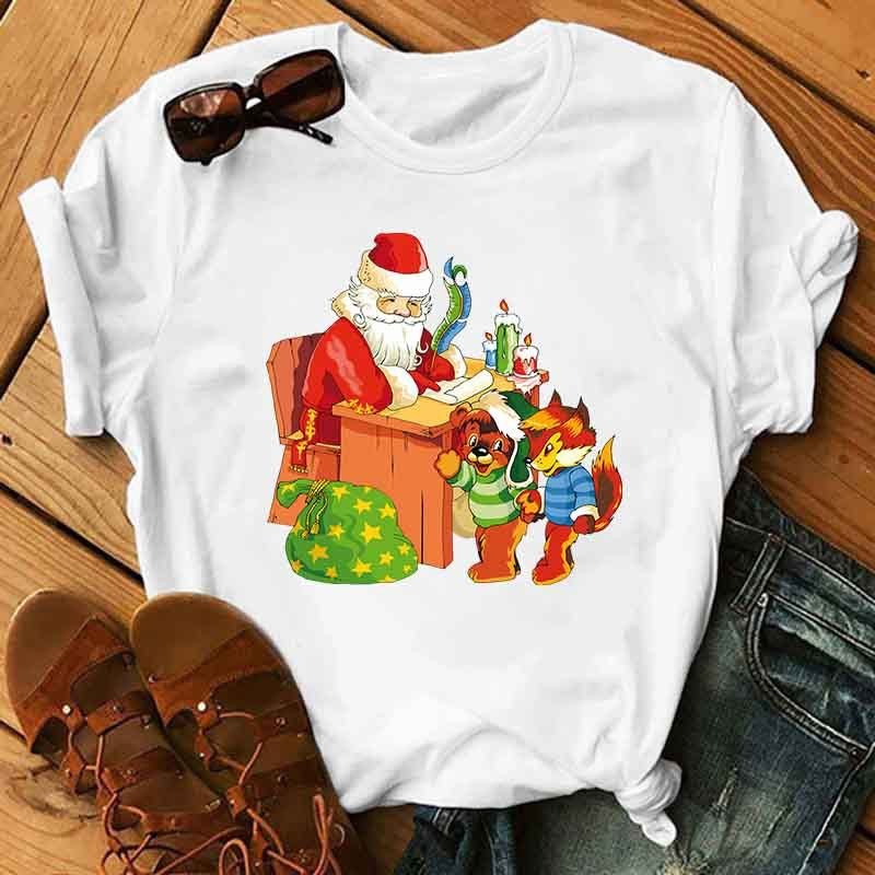 Summer Women Fashion Cartoon Christmas Snowman Santa Claus Print Round Neck Short Sleeve T-Shirt