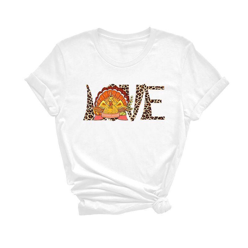 Thanksgiving Clothing Turkey White Base Hot Stamping Printed Round Neck Short-Sleeved Women'S Casual Top T-Shirt