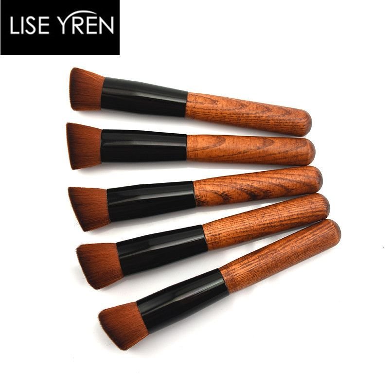 Women Retro Beveled Flat Bottom Wooden Handle Makeup Brush Beauty Tools