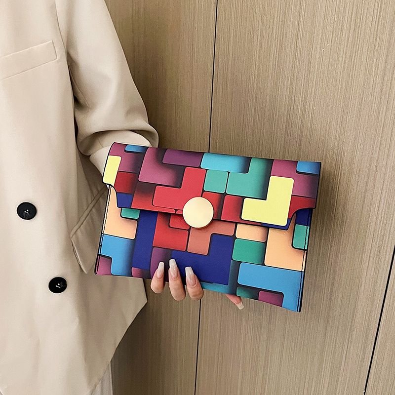 Women Fashion Geometric Color Block Flap Rectangular Purses