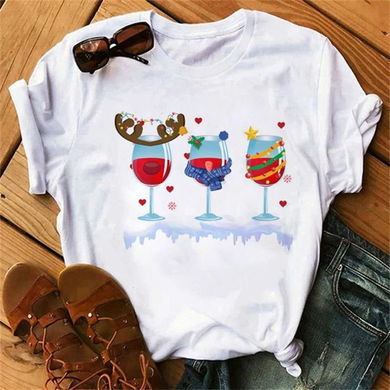 Summer Women Fashion Cartoon Christmas Wine Cup Christmas Hat Printed Round Neck Short Sleeve T-Shirt