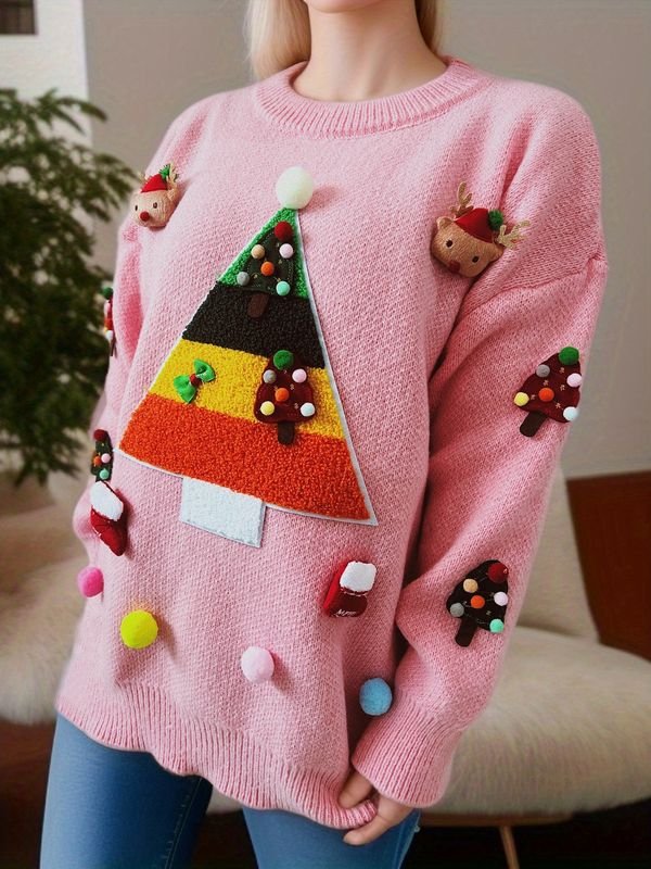 Women Fashion Three-Dimensional Christmas Tree Jacquard Decorative Crewneck Long Sleeve Knitted Sweater