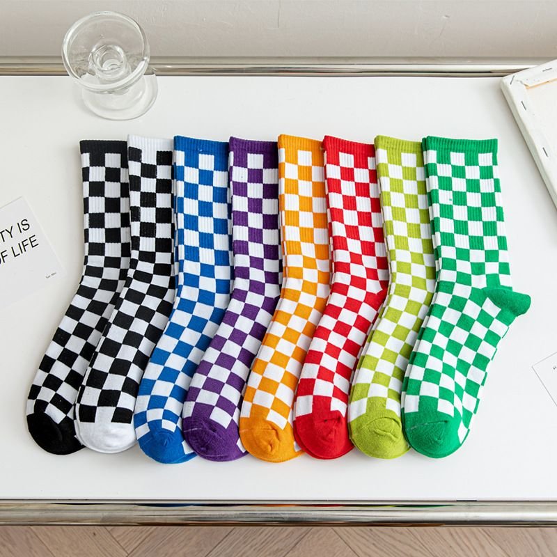 Women Simple Multicolor Checkerboard Socks