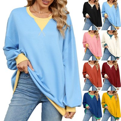 Women Fashion Simple Color Block Crewneck Long Sleeve Sweatshirt