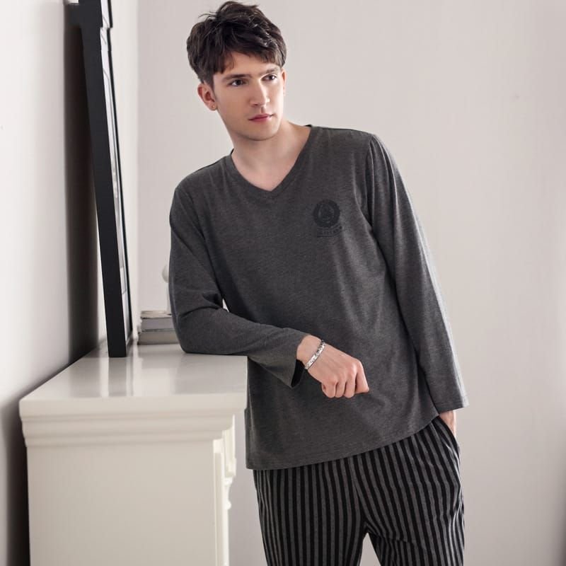 L-3XL Men Long Sleeve Solid Color Stripe Home Pajamas Sets